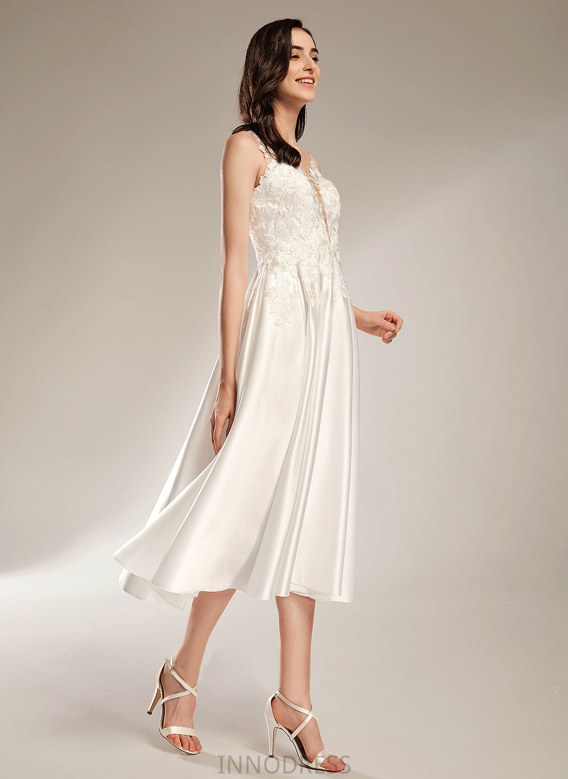 V-neck Dress Lace A-Line Mira Satin Wedding Wedding Dresses Tea-Length