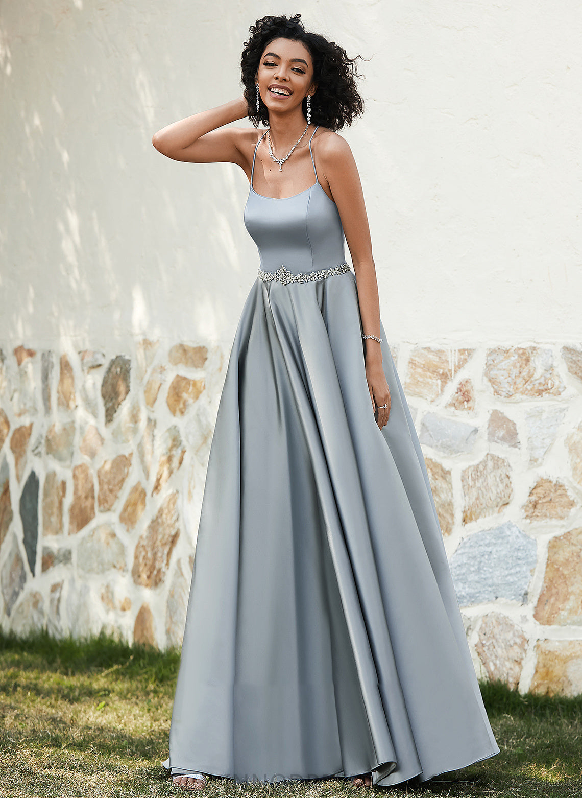 Neck A-Line Satin With Floor-Length Scoop Prom Dresses Beading Liana