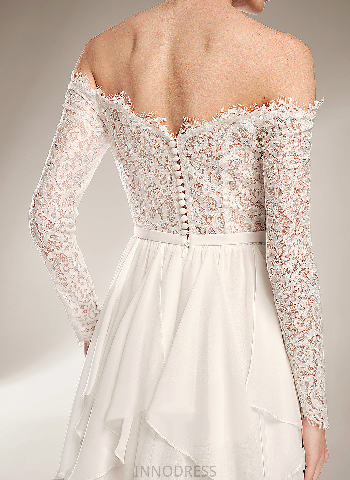 Wedding Dresses Court Off-the-Shoulder Dress Ruffle Lace Dominique With Train Chiffon A-Line Wedding