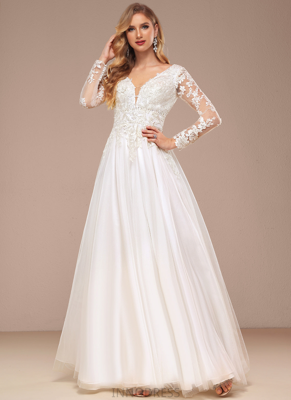 Beading A-Line Floor-Length Tulle V-neck Lace Wedding Dresses Jessica With Sequins Wedding Dress