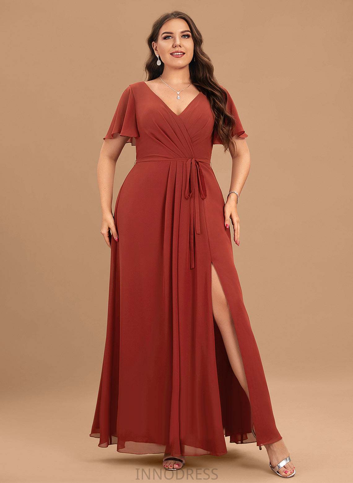 V-neck Silhouette SplitFront Fabric Neckline Embellishment Floor-Length A-Line Length Desiree Natural Waist Spaghetti Staps Bridesmaid Dresses