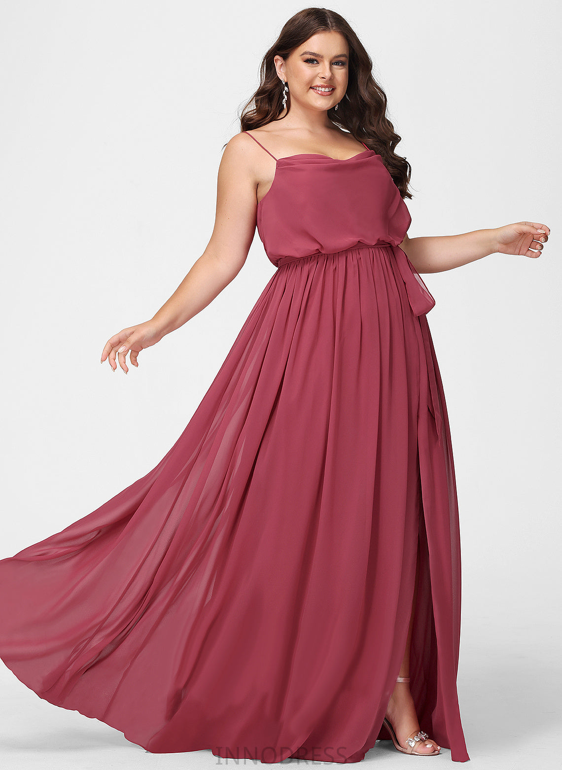 Embellishment Ruffle Silhouette Length CowlNeck Neckline Floor-Length A-Line Fabric SplitFront Sue Sleeveless Bridesmaid Dresses