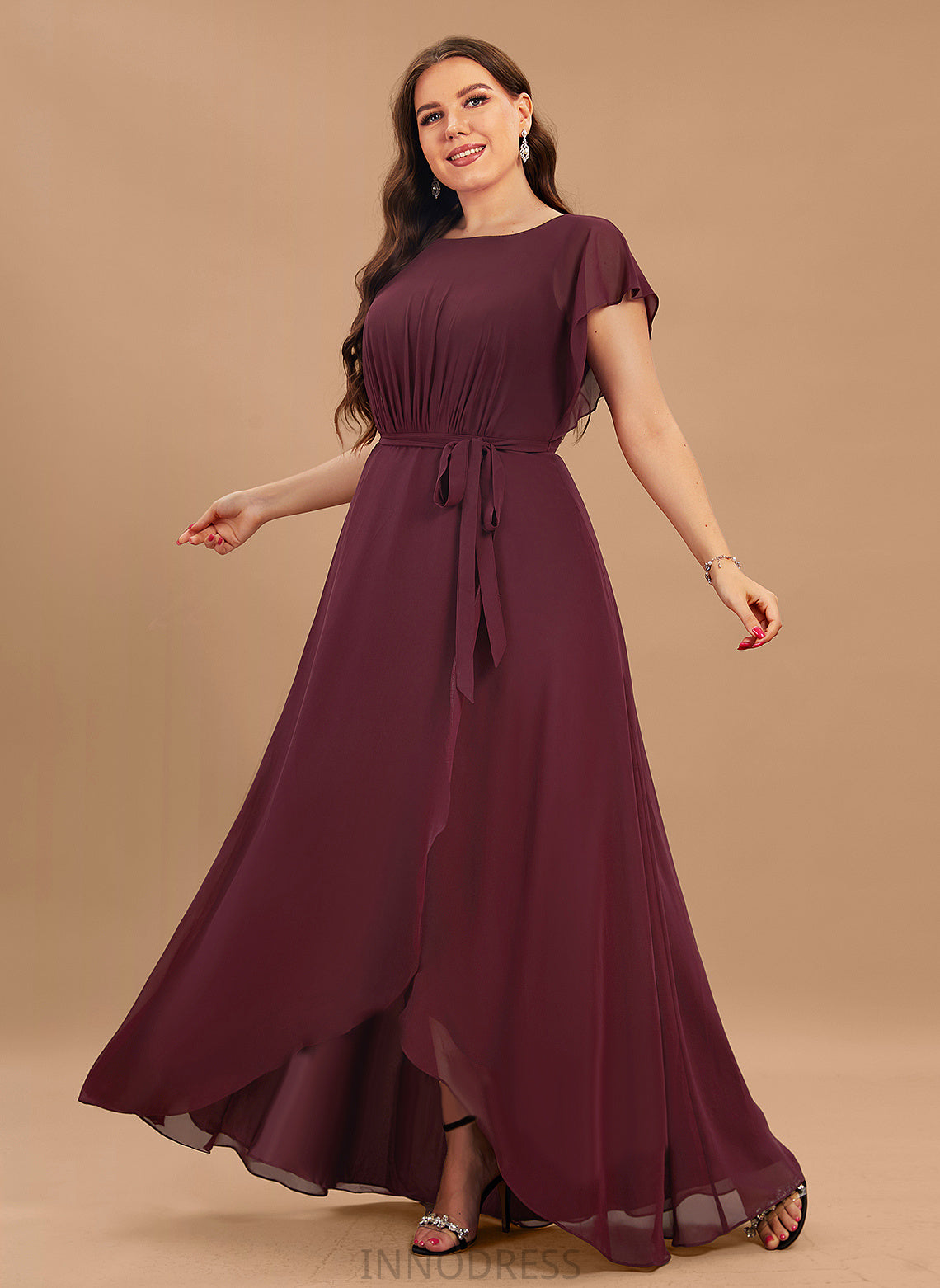 ScoopNeck Neckline Fabric Ruffle A-Line Asymmetrical Embellishment Length Silhouette Kamari One Shoulder Taffeta Bridesmaid Dresses