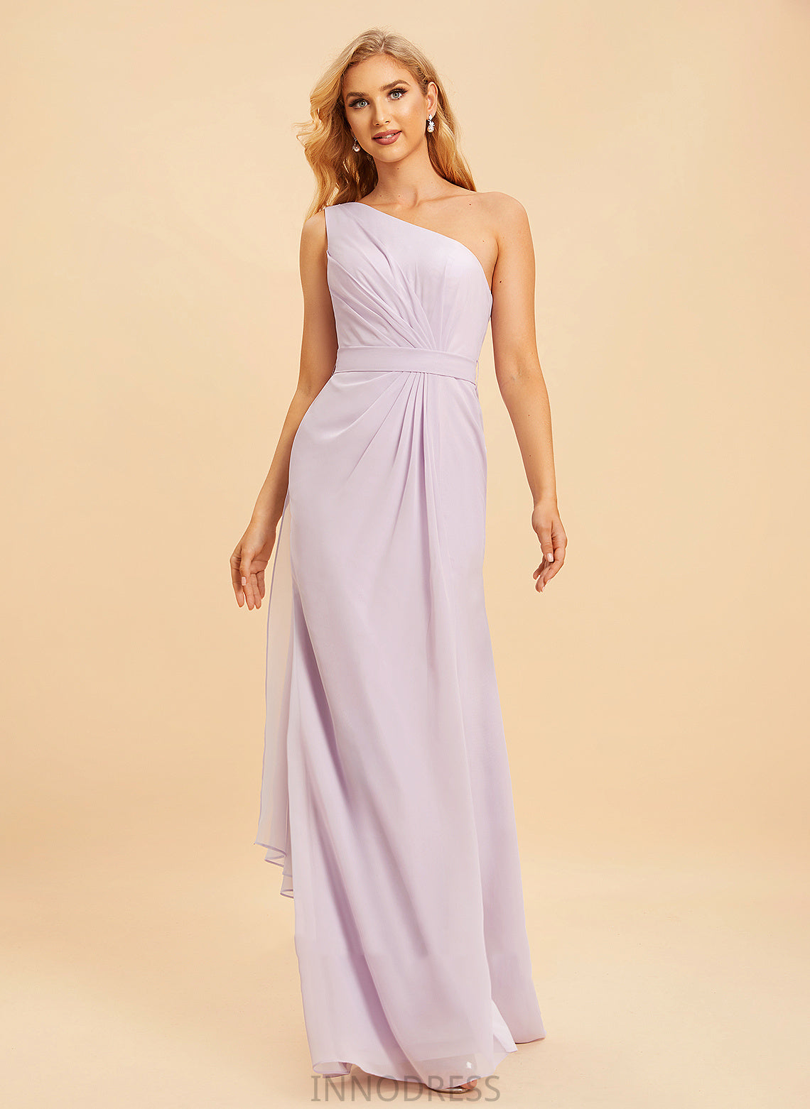 Silhouette Fabric Embellishment A-Line Ruffle SplitFront Neckline Length Floor-Length One-Shoulder Iris A-Line/Princess Bridesmaid Dresses