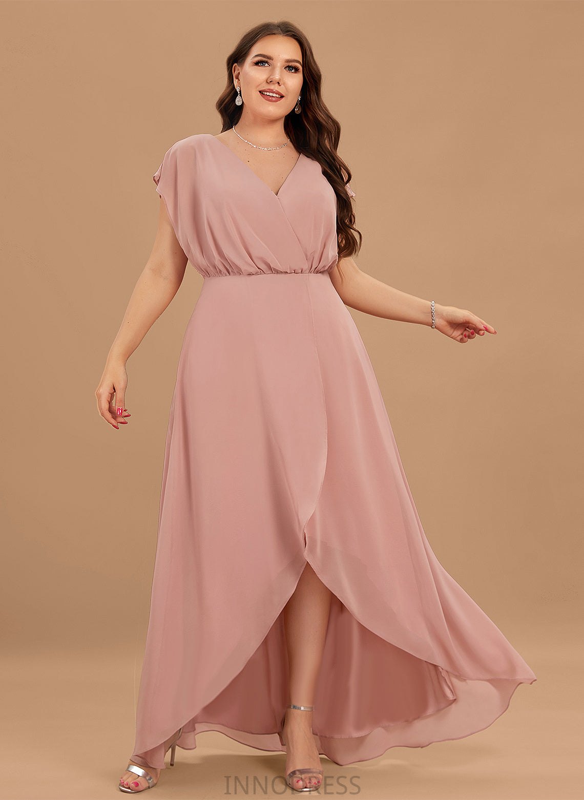 Embellishment Length A-Line Silhouette Neckline Asymmetrical Fabric SplitFront V-neck Lizbeth Sleeveless Taffeta Bridesmaid Dresses