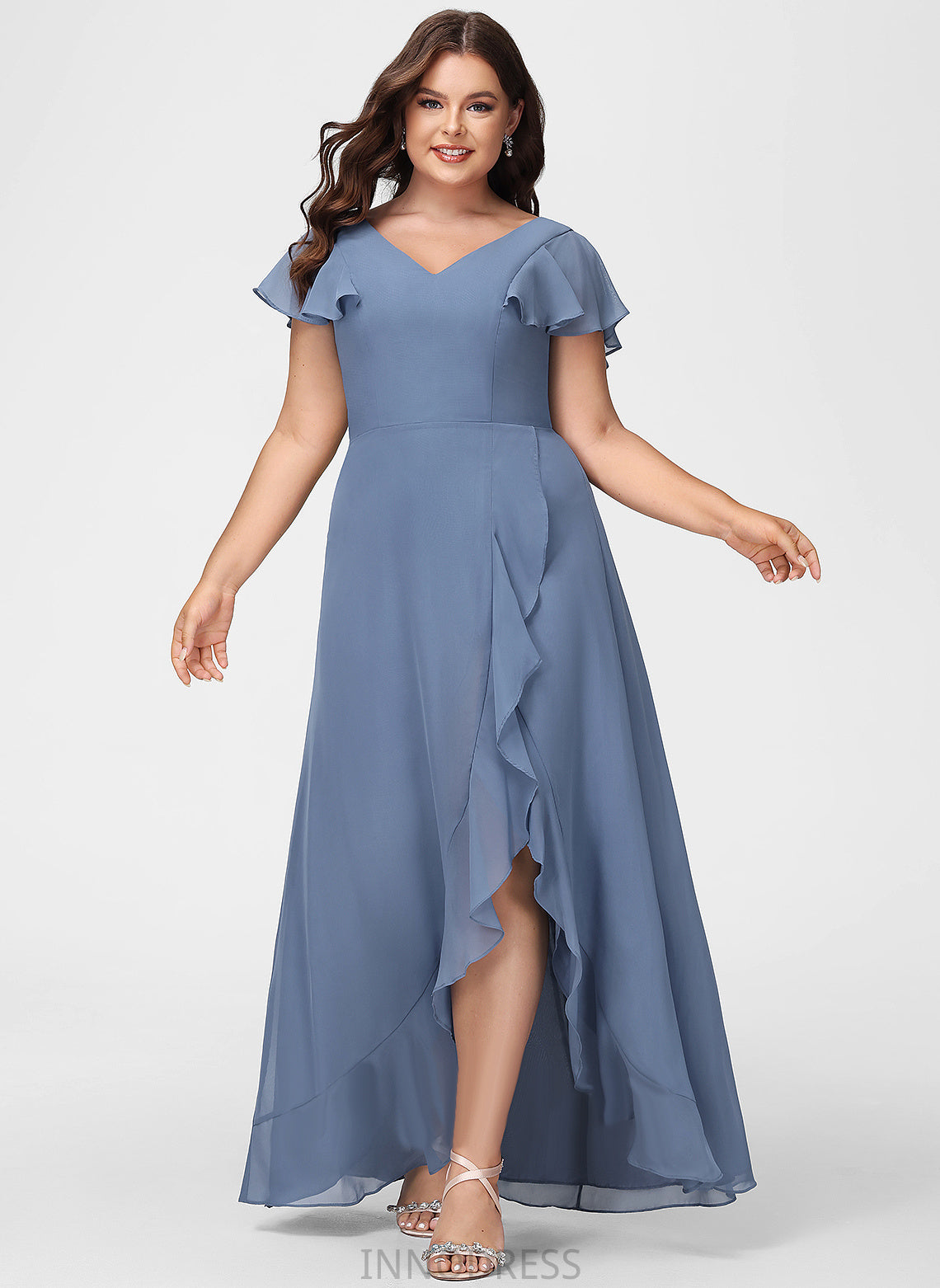 Ruffle Silhouette Neckline SplitFront Embellishment Fabric Length V-neck A-Line Asymmetrical Emilia V-Neck Bridesmaid Dresses