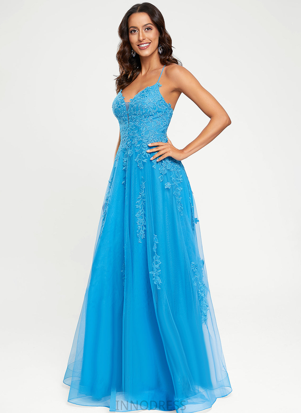 V-neck Tulle A-Line Floor-Length Jocelynn Prom Dresses