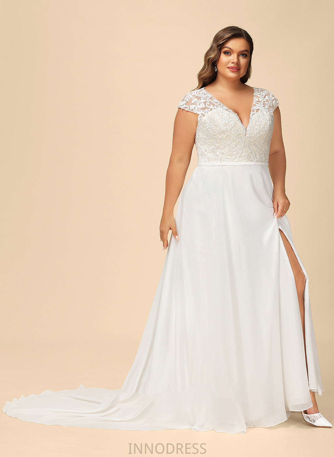 Sweep Wedding Dresses V-neck Split Lace Dress Train Chiffon Front Wedding With Rylie A-Line