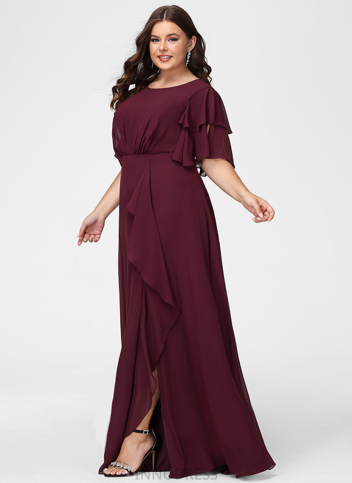 A-Line Embellishment ScoopNeck Ruffle Length Silhouette Neckline SplitFront Floor-Length Fabric Krystal V-Neck Bridesmaid Dresses