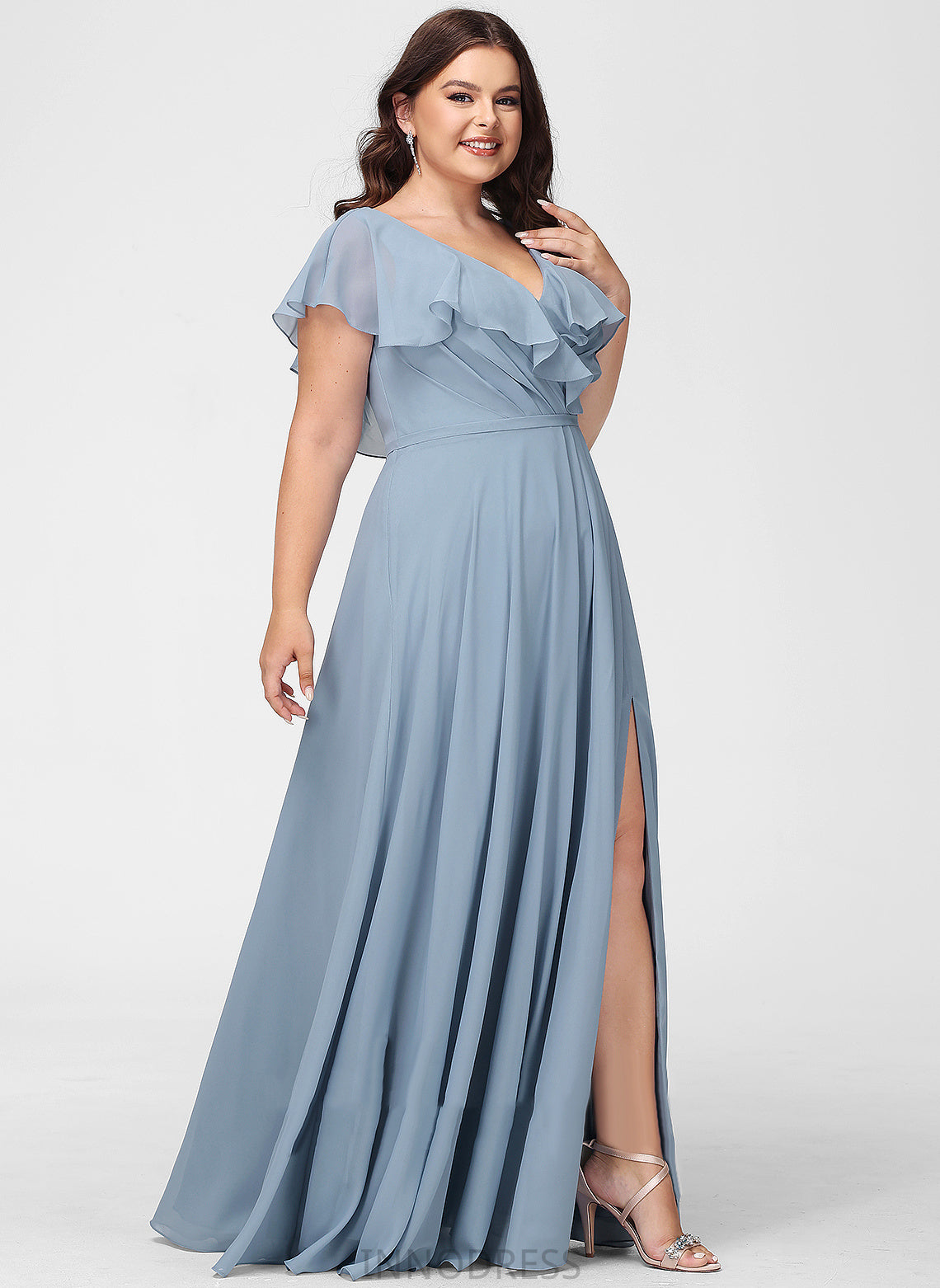 Embellishment Floor-Length SplitFront A-Line Neckline Length Fabric Silhouette V-neck Adelaide Trumpet/Mermaid Sleeveless Bridesmaid Dresses