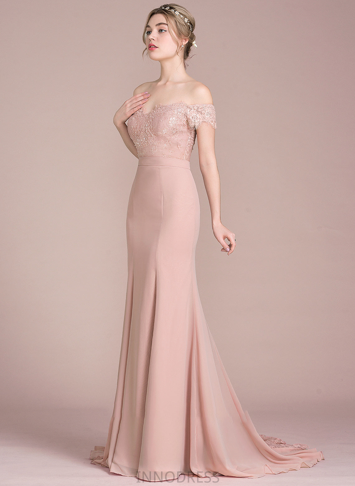 Court Prom Dresses Off-the-Shoulder Trumpet/Mermaid Train Lace Natalee With Chiffon Sequins