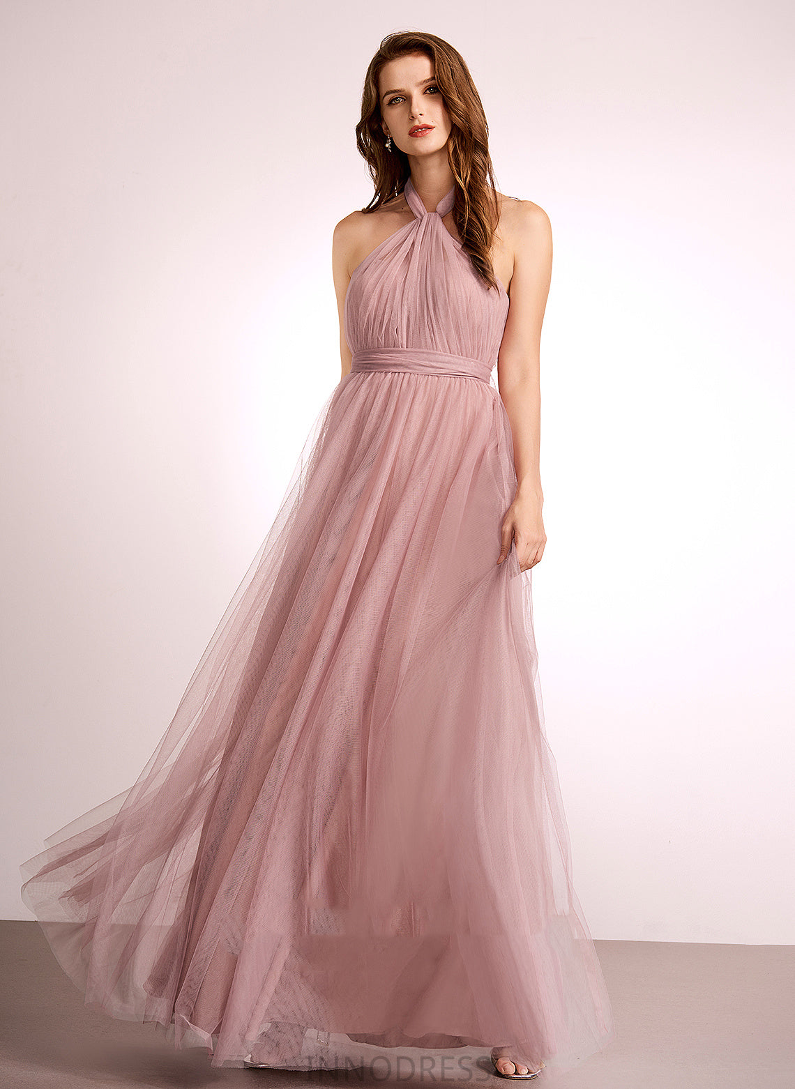 Fabric One-Shoulder Off-the-Shoulder Neckline A-Line Floor-Length Tulle Straps Silhouette V-neck Length Emmalee Bridesmaid Dresses