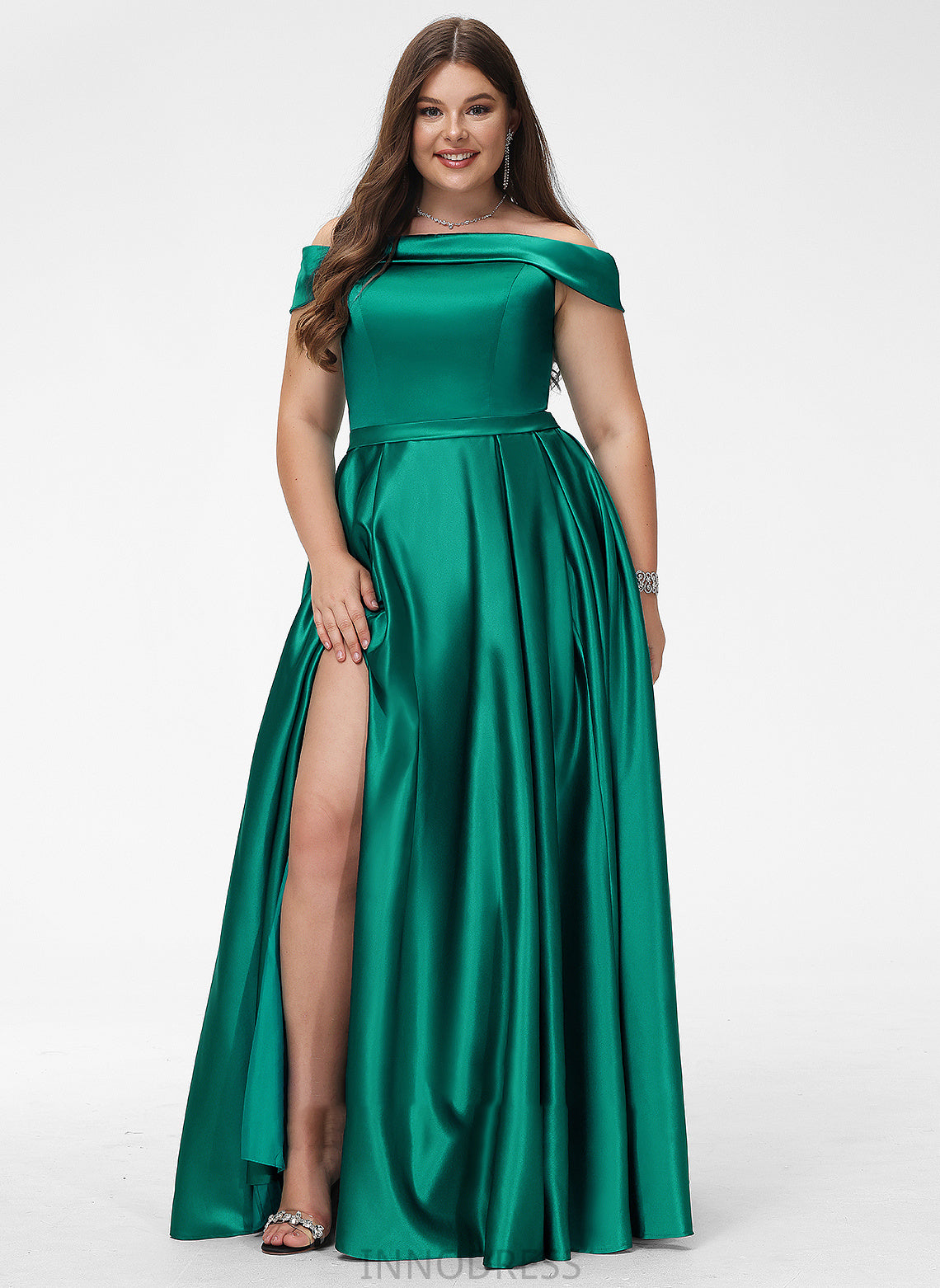 Floor-Length Satin Pockets Split Front Off-the-Shoulder With Ashleigh Ball-Gown/Princess Prom Dresses