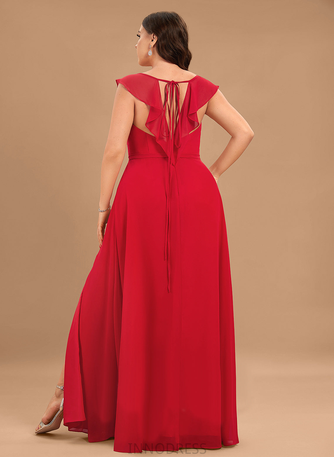 SplitFront Off-the-Shoulder Embellishment Length A-Line Silhouette Fabric Neckline Ruffle Floor-Length Catherine Sheath/Column Bridesmaid Dresses