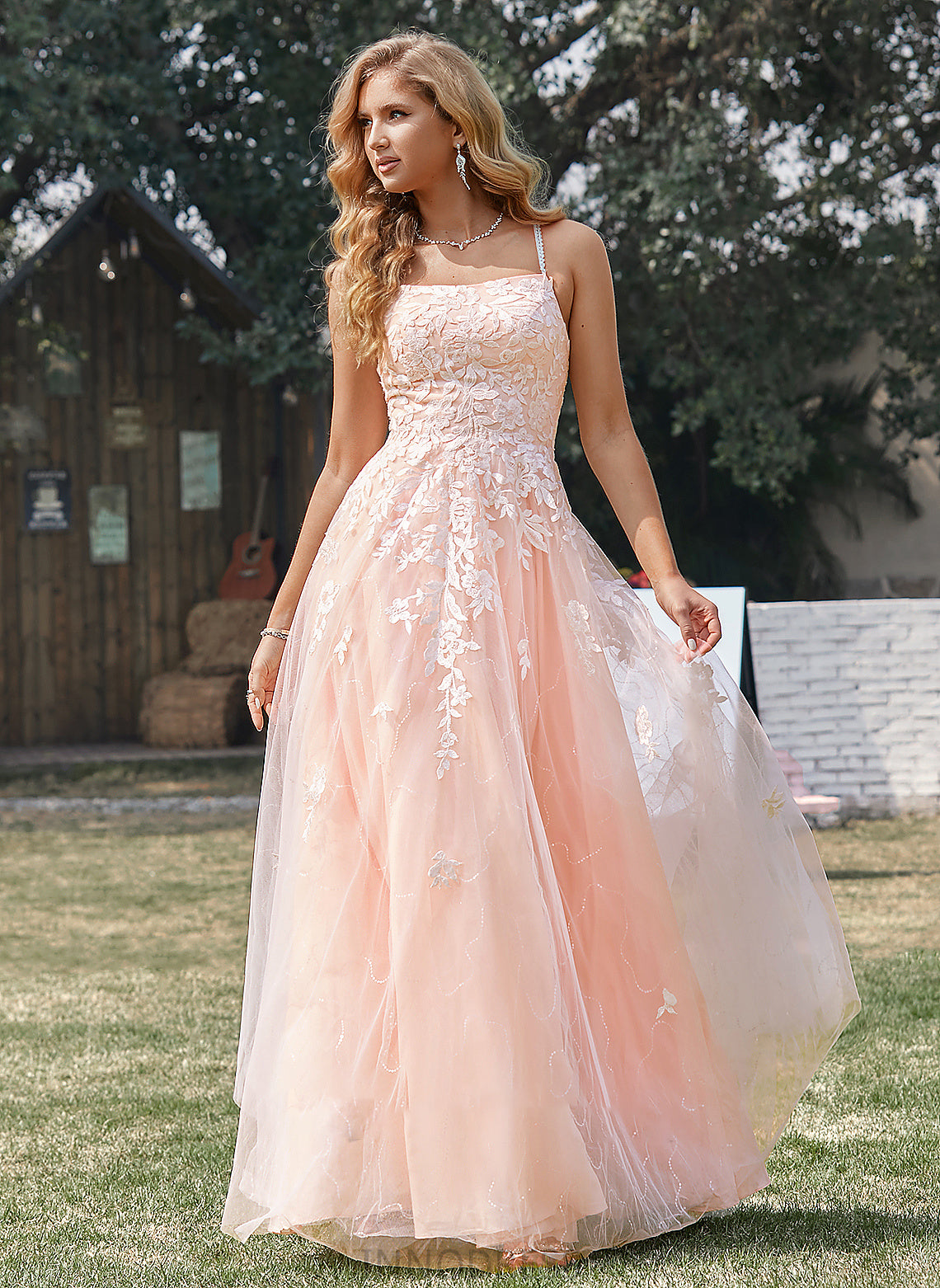 Ball-Gown/Princess Sequins Prom Dresses Lace With Tulle Floor-Length Square Neckline Salma