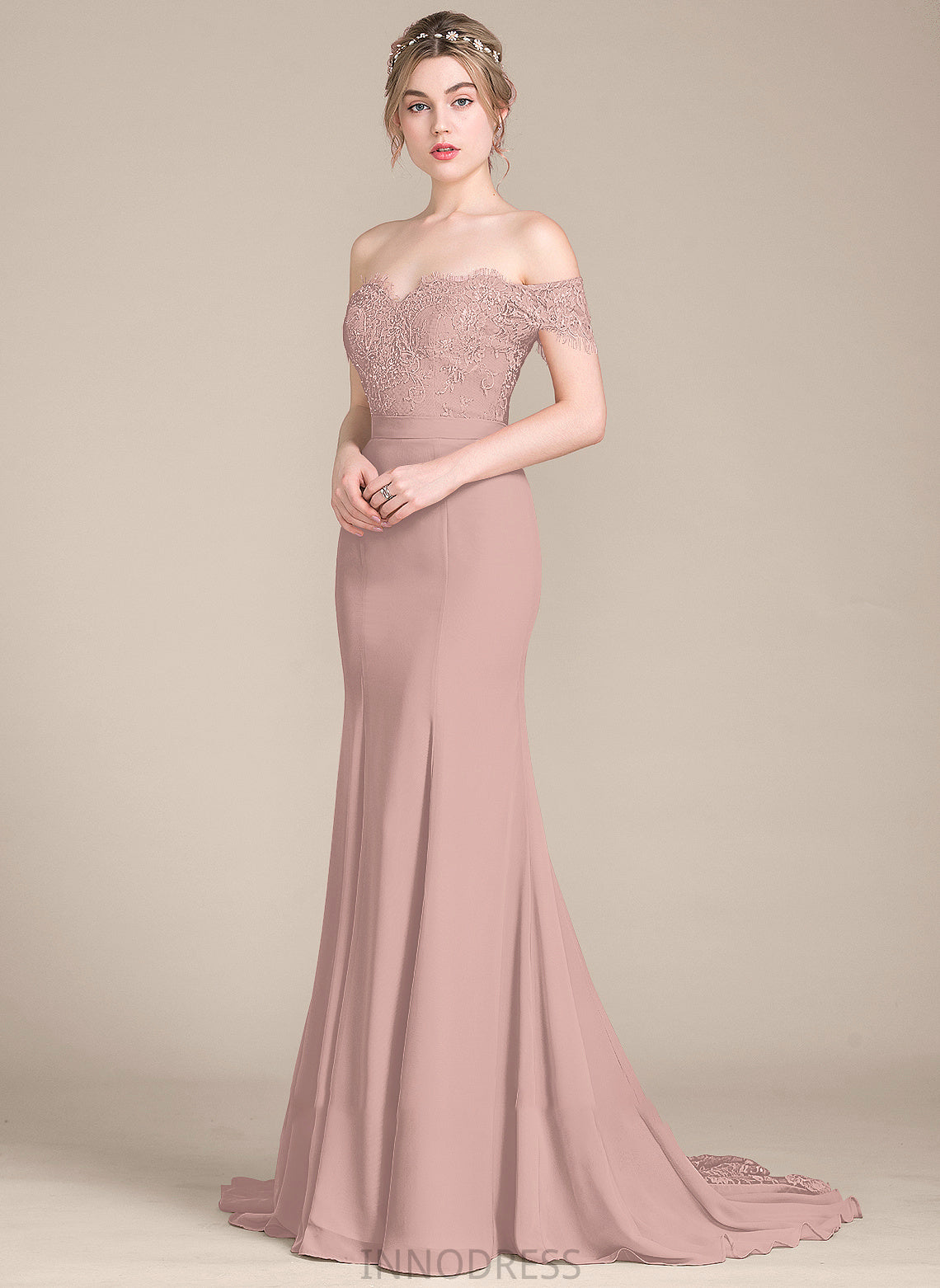 Court Prom Dresses Off-the-Shoulder Trumpet/Mermaid Train Lace Natalee With Chiffon Sequins