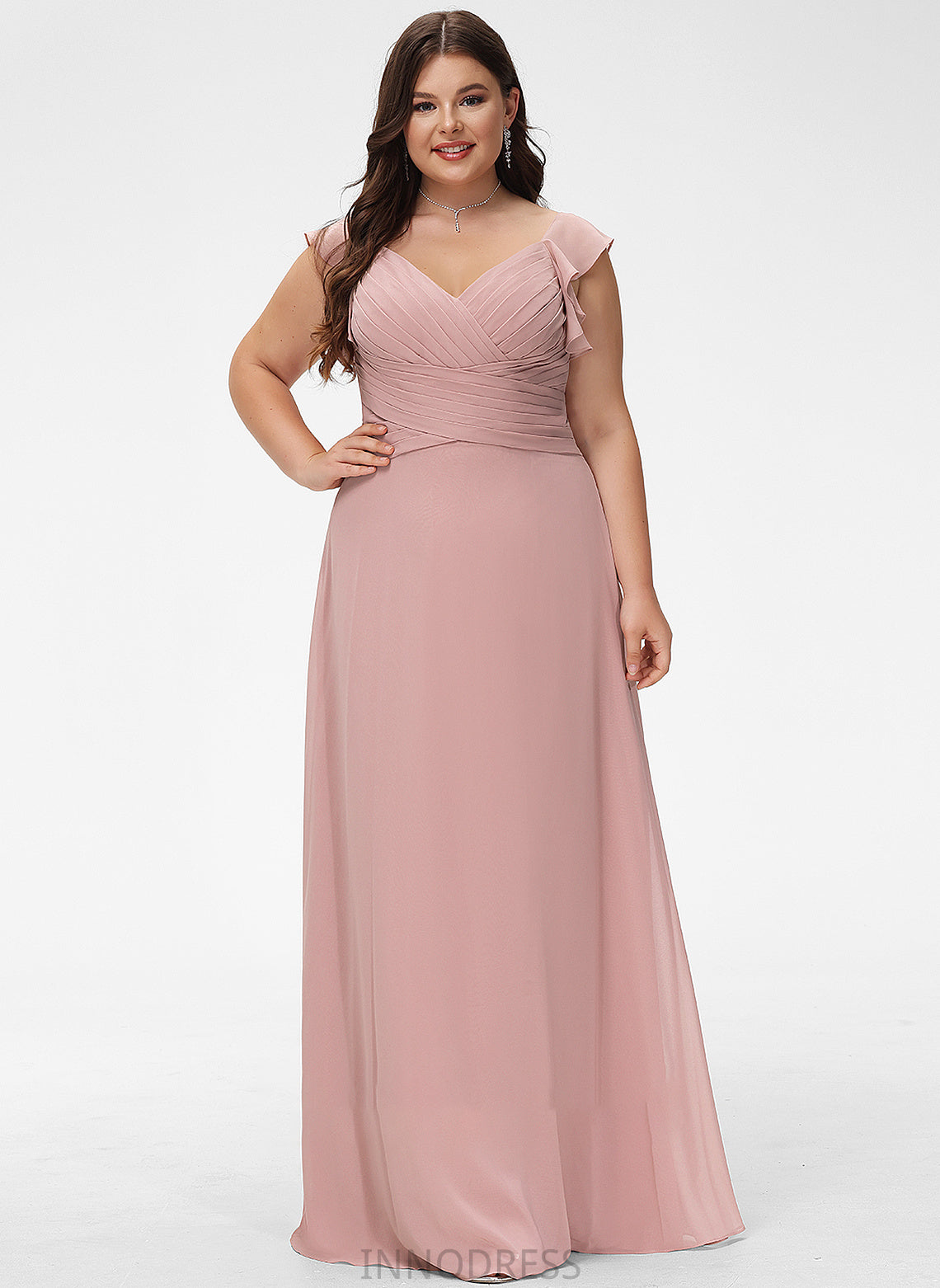 Mikaela Cascading Floor-Length Chiffon Prom Dresses Ruffles V-neck Empire With