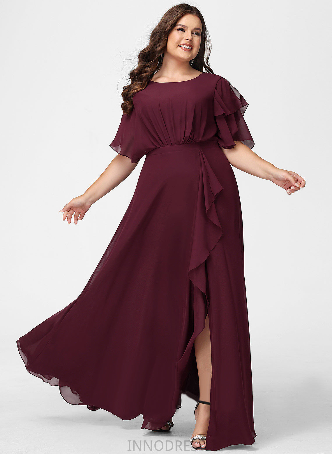 A-Line Embellishment ScoopNeck Ruffle Length Silhouette Neckline SplitFront Floor-Length Fabric Krystal V-Neck Bridesmaid Dresses