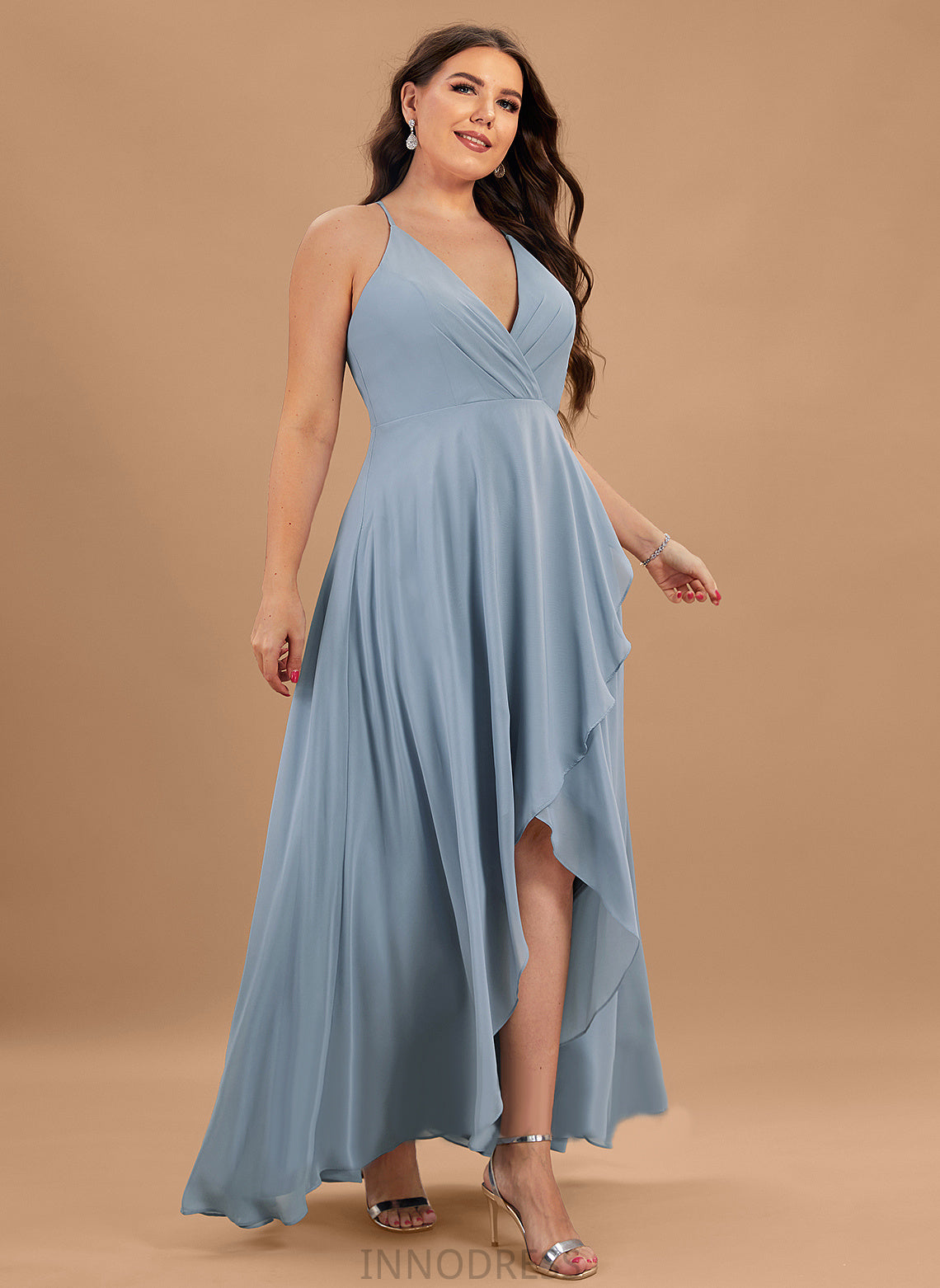 Asymmetrical V-neck Length A-Line Straps Silhouette Neckline Fabric Helena Sleeveless A-Line/Princess Floor Length Bridesmaid Dresses