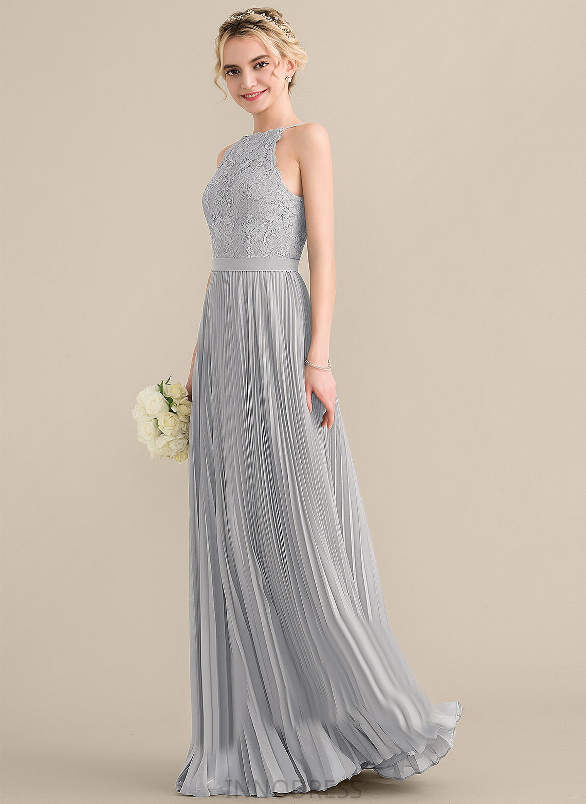 Silhouette Neckline Length Embellishment Scoop A-Line Fabric Floor-Length Pleated Sal Bridesmaid Dresses