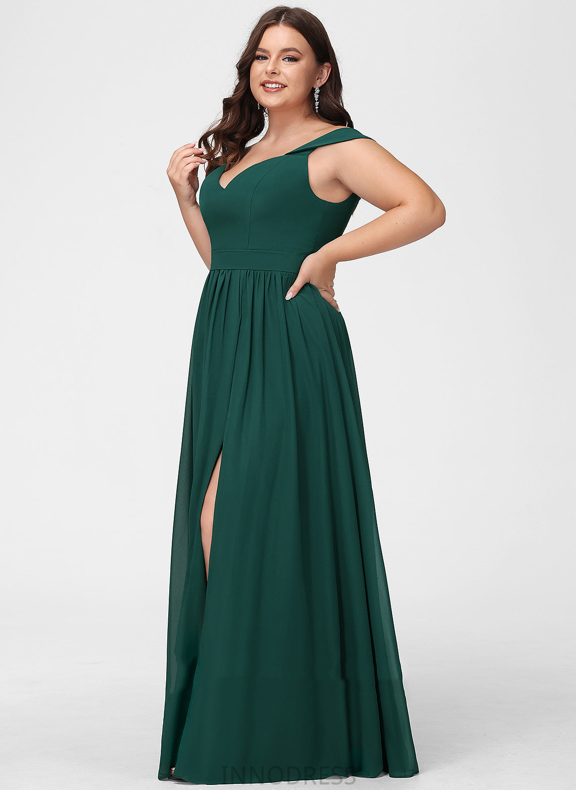 SplitFront Off-the-Shoulder Length Floor-Length Embellishment Silhouette Neckline A-Line Fabric Magdalena A-Line/Princess Sleeveless Bridesmaid Dresses