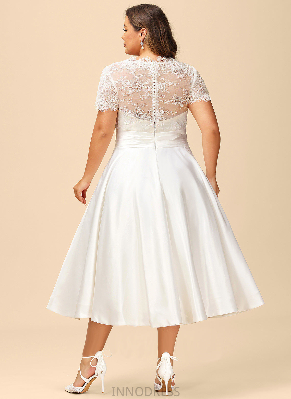 Lace Cecelia Wedding Dresses Wedding Tea-Length Satin Ruffle A-Line Dress V-neck With