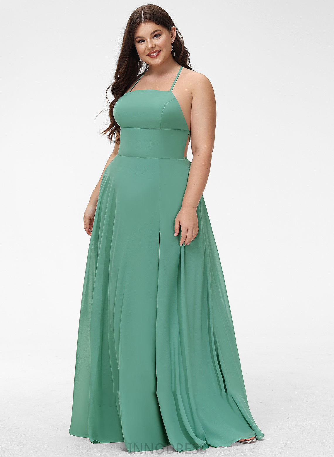 With Front A-Line Split Neckline Square Prom Dresses Floor-Length Pockets Joyce Chiffon