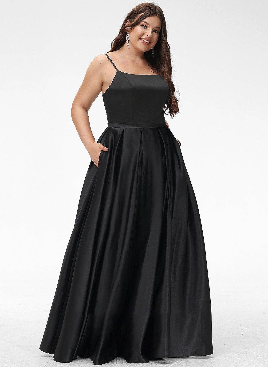 With Kylie Square Pockets Floor-Length Satin A-Line Neckline Split Prom Dresses Front