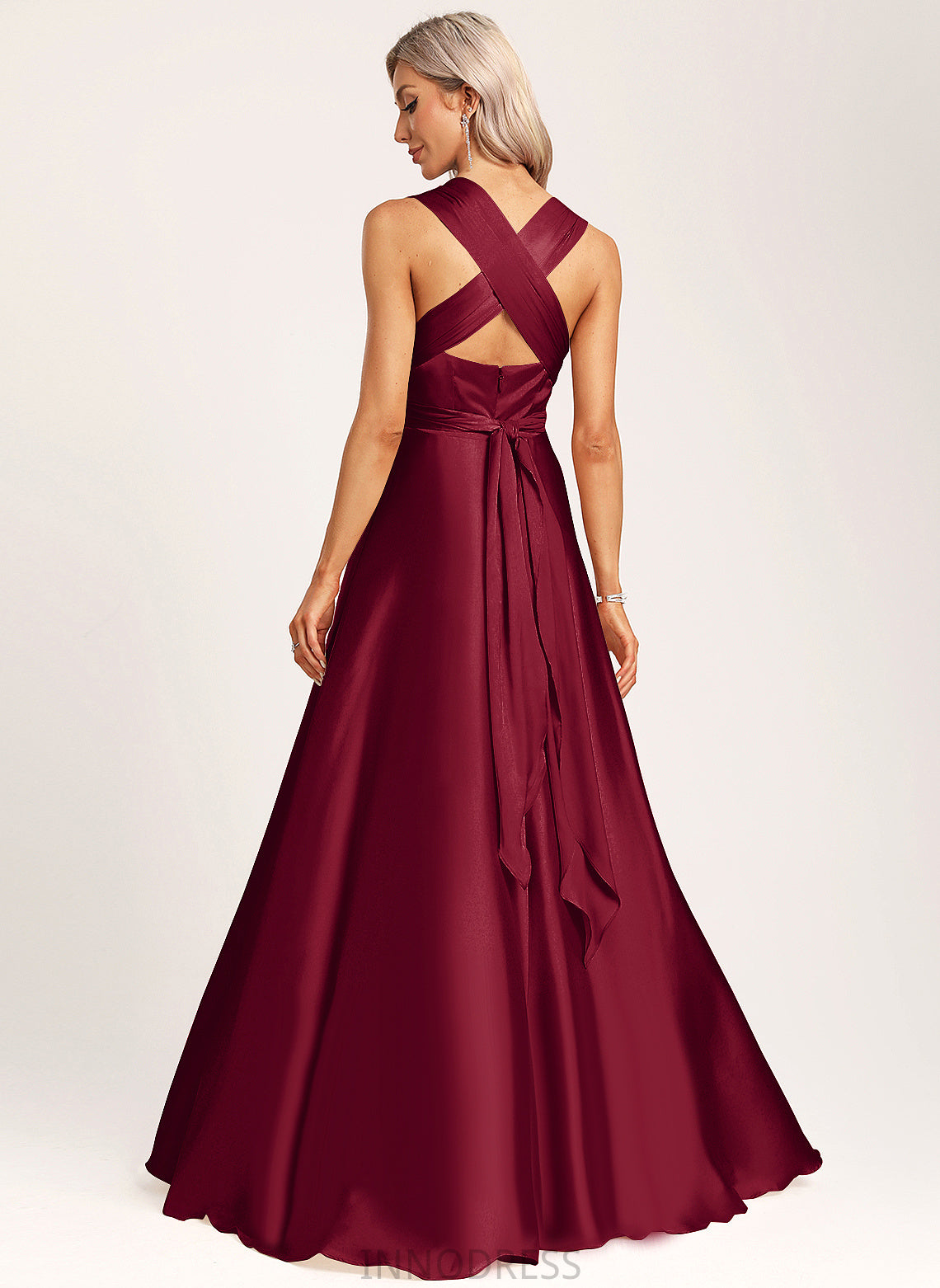 A-Line Neckline V-neck Fabric Halter Straps&Sleeves One-Shoulder Satin Length Silhouette Floor-Length Amani Bridesmaid Dresses