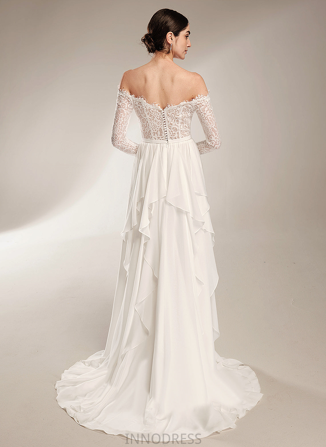 Wedding Dresses Court Off-the-Shoulder Dress Ruffle Lace Dominique With Train Chiffon A-Line Wedding