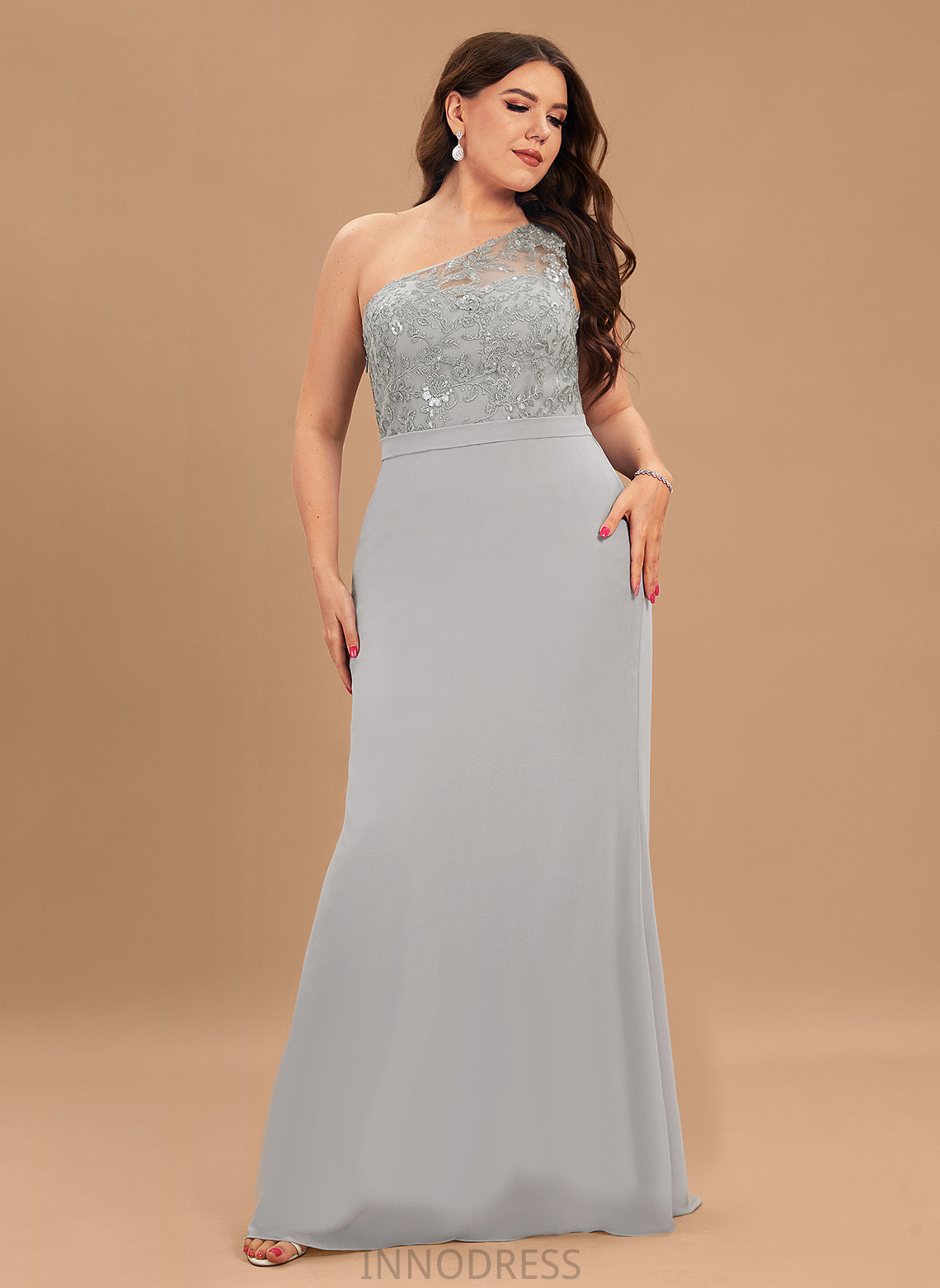 Neckline Sequins SweepTrain Trumpet/Mermaid Embellishment One-Shoulder Silhouette Length Fabric Kathryn Floor Length Sleeveless Bridesmaid Dresses