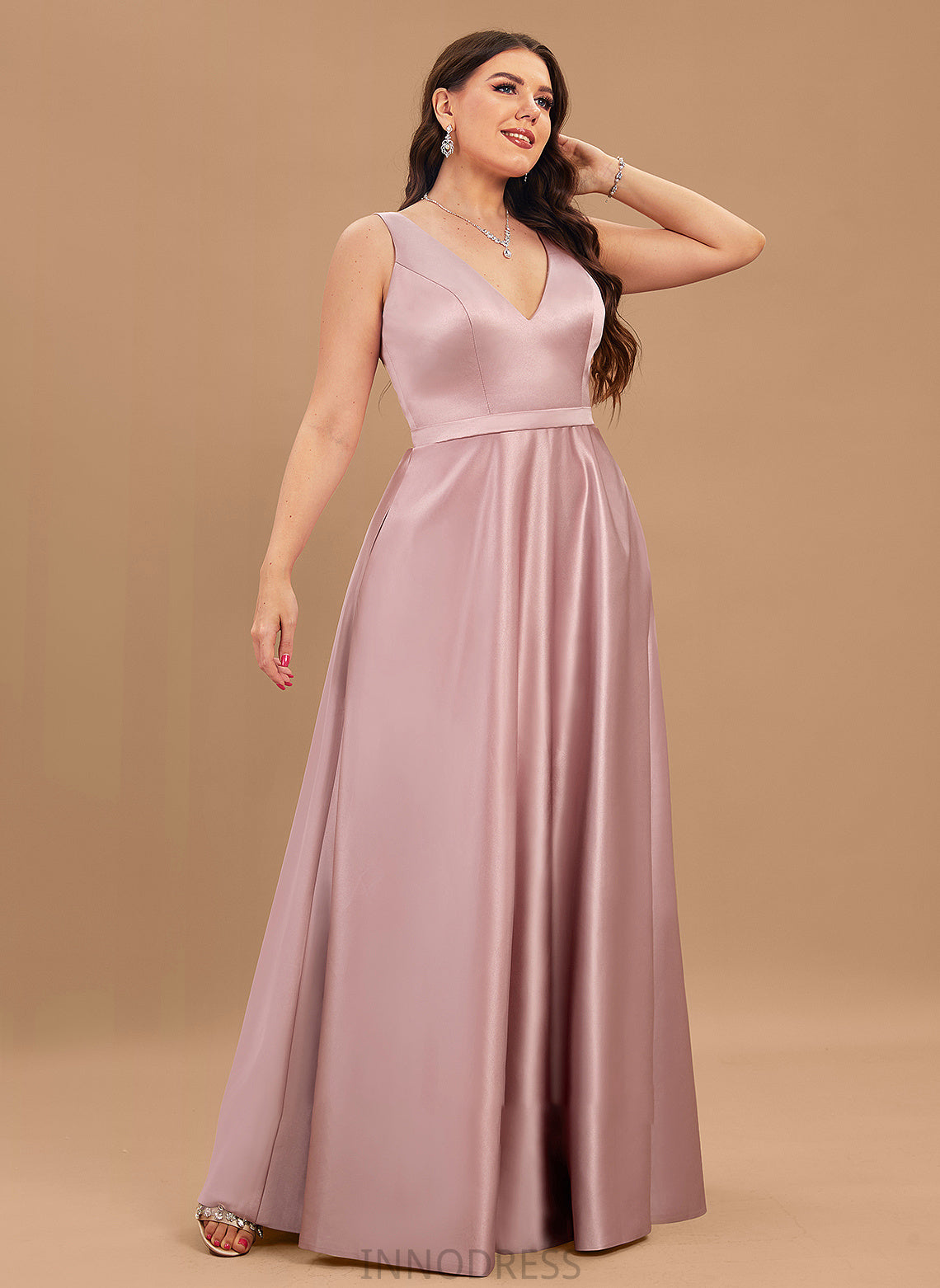 Floor-Length Pockets Satin Prom Dresses V-neck Jayleen With Ball-Gown/Princess