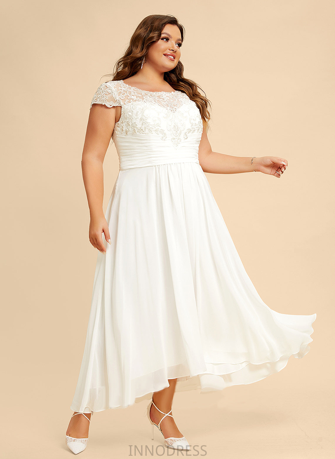 Scoop Dress A-Line Chiffon Natasha Wedding Lace Neck Asymmetrical Wedding Dresses