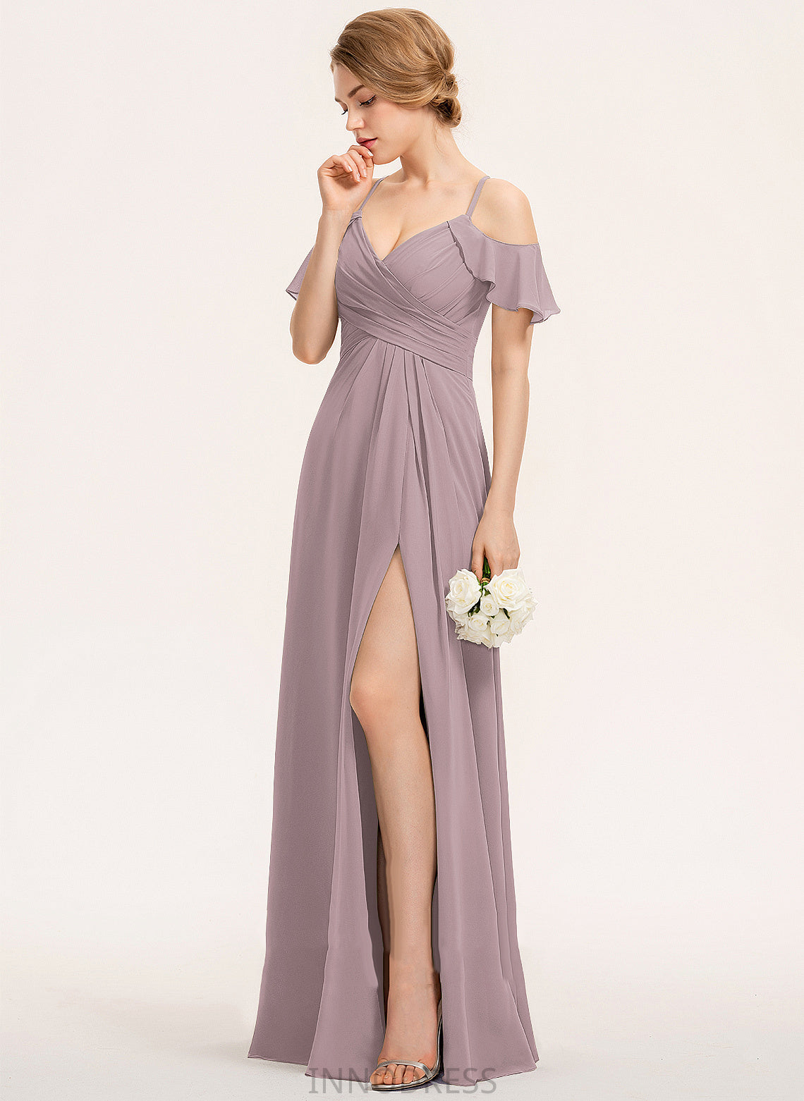 ColdShoulder Silhouette Floor-Length Neckline Length SplitFront CascadingRuffles Embellishment V-neck A-Line Fabric Ruffle Bridesmaid Dresses