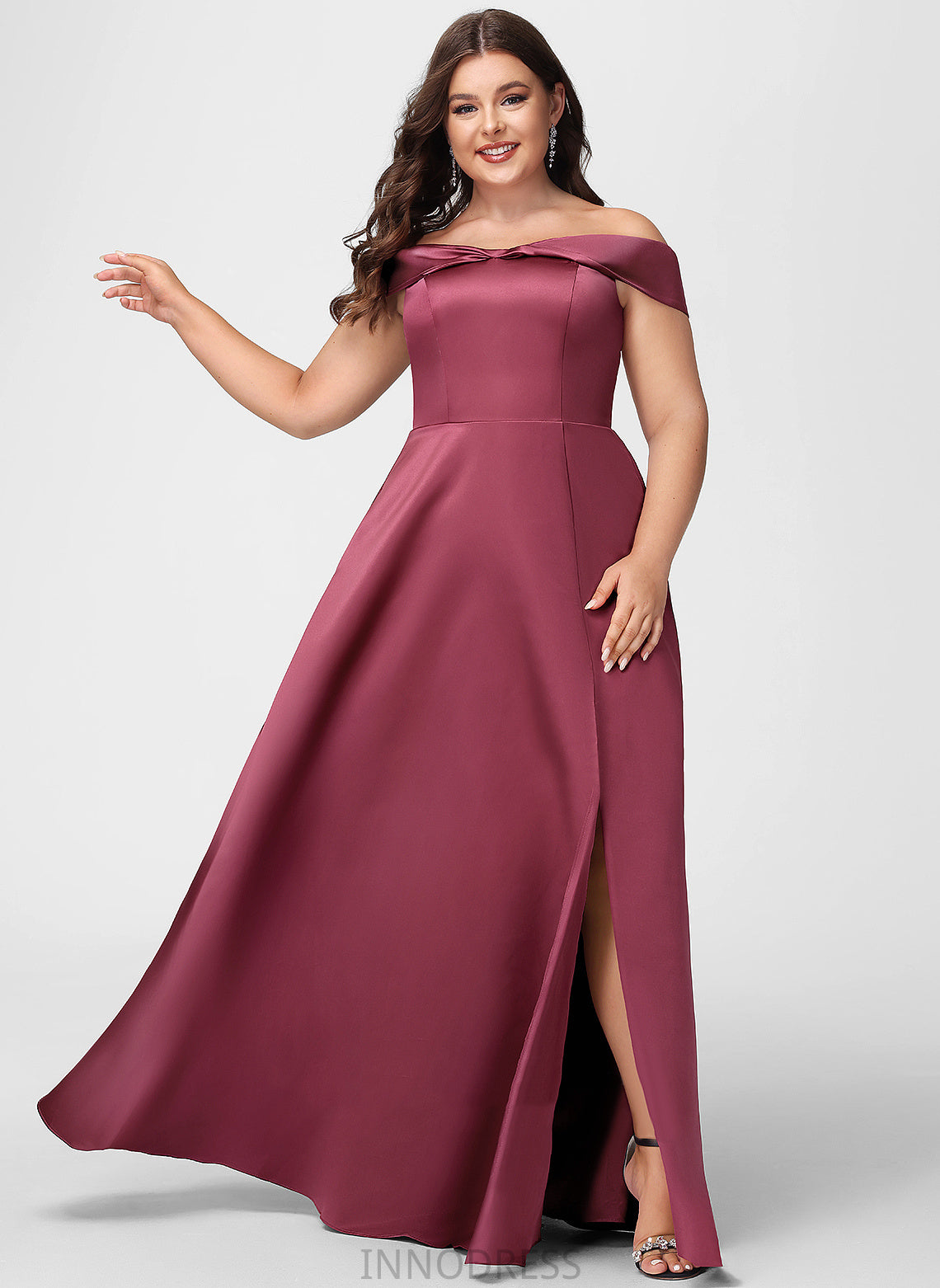 Floor-Length Length Off-the-Shoulder Silhouette SplitFront Fabric A-Line Neckline Embellishment Lina Taffeta Floor Length Bridesmaid Dresses