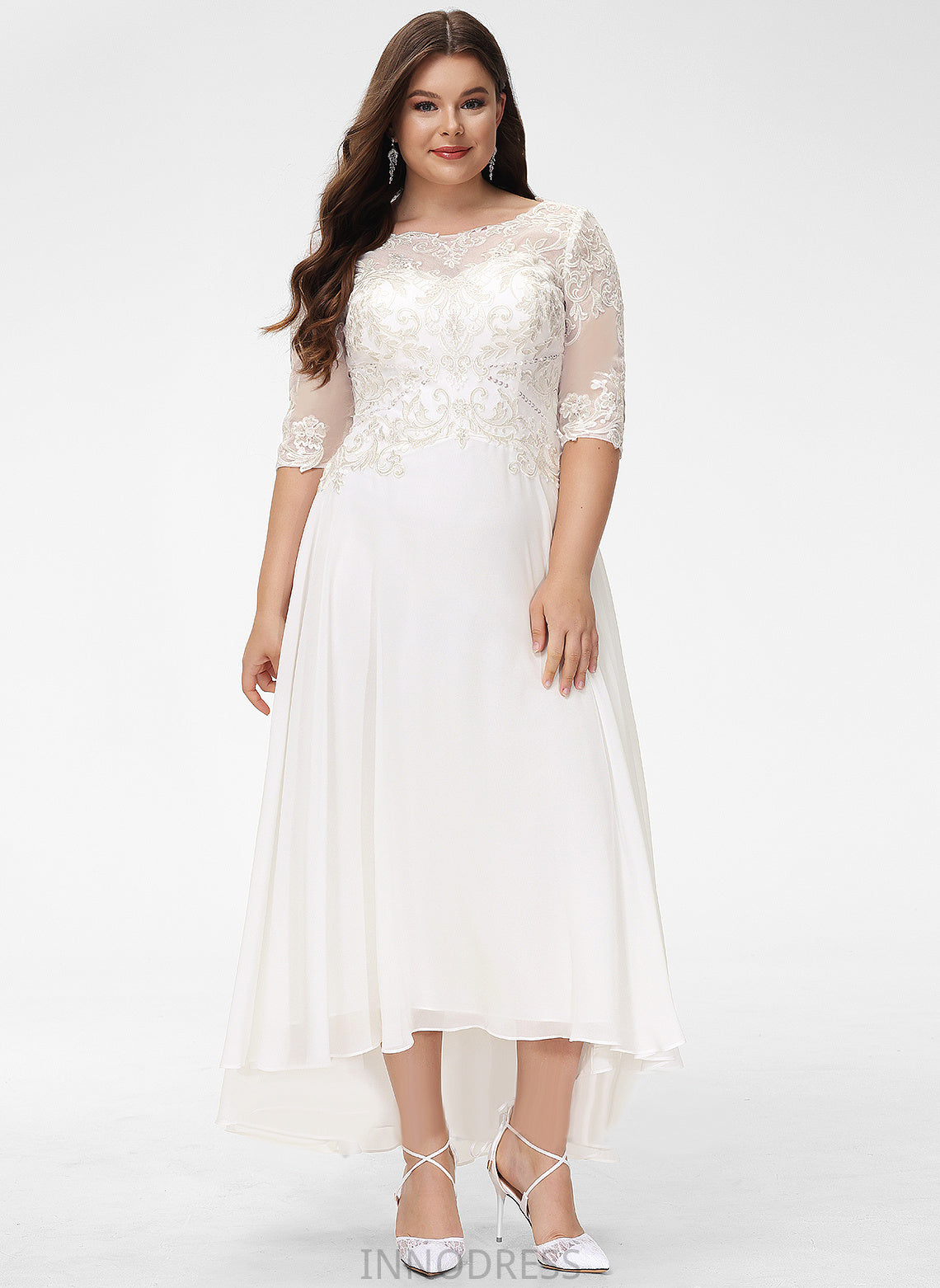 With A-Line Asymmetrical Wedding Dresses Sequins Chiffon Dress Scoop Lace Beading Melody Wedding