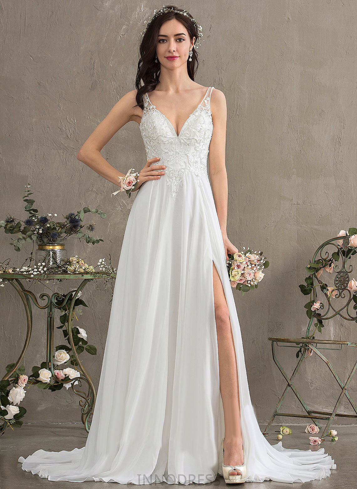 Train Beading V-neck Chiffon Amaris Wedding Front Sweep Sequins Dress Lace Wedding Dresses With A-Line Split