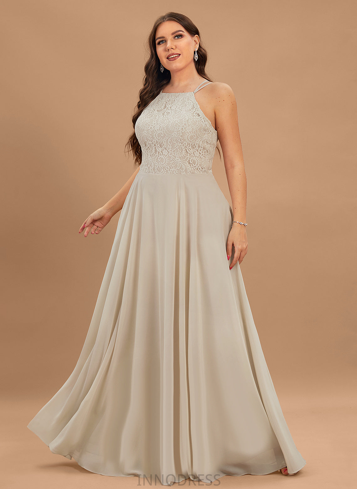 A-Line Fabric Silhouette Floor-Length Length Scoop Lace Neckline Straps&Sleeves Nell Sheath/Column Sleeveless Bridesmaid Dresses