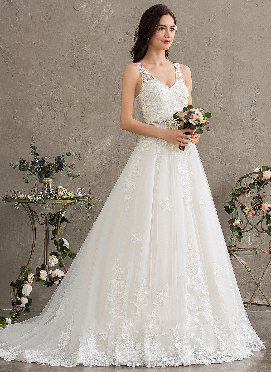 Beading Ball-Gown/Princess Lace With Tulle V-neck Wedding Train Court Dress Sequins Wedding Dresses Jasmine