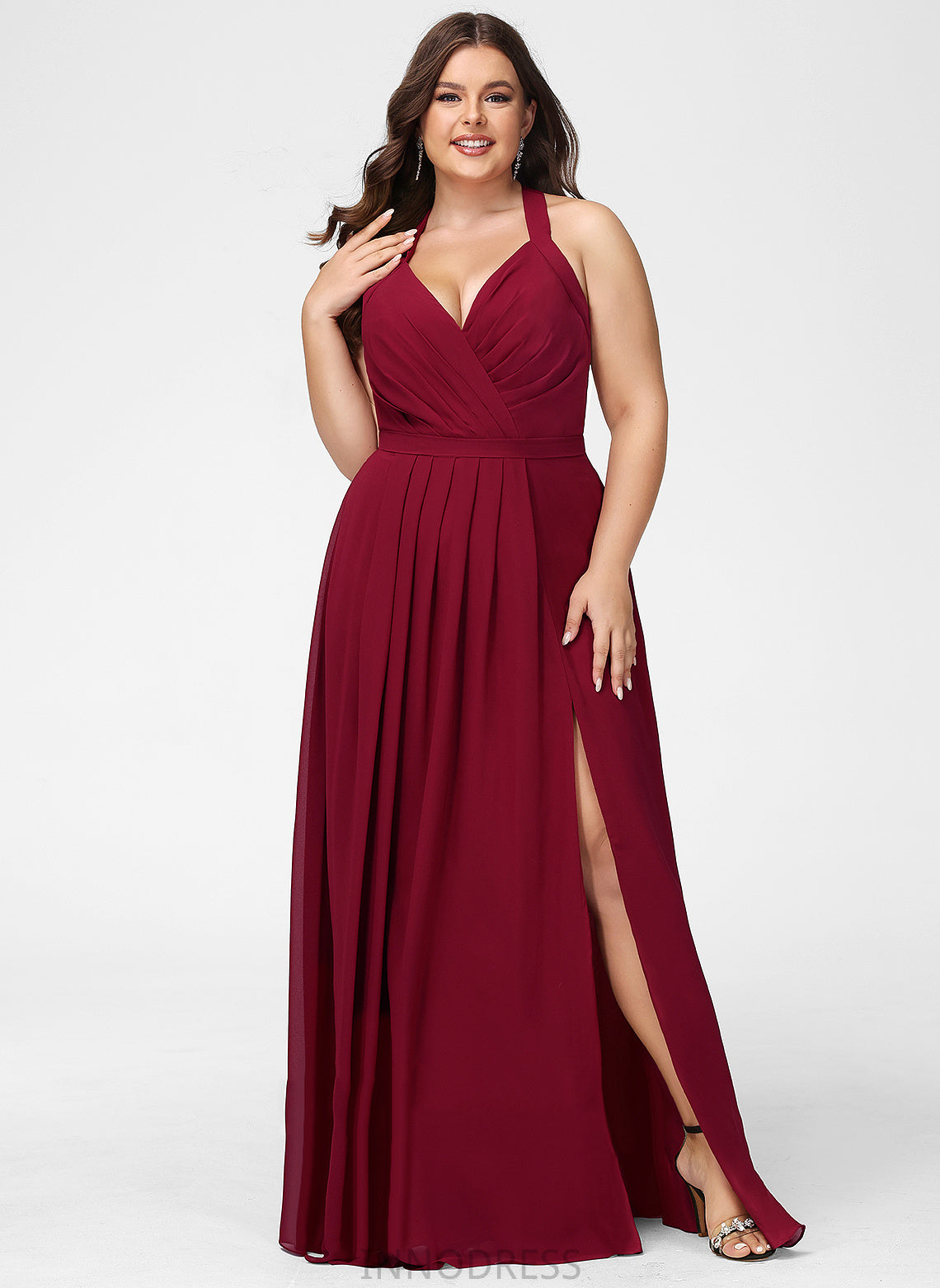 Silhouette Fabric A-Line Floor-Length Neckline Straps Length V-neck Hedwig Natural Waist Sleeveless Sheath/Column Bridesmaid Dresses