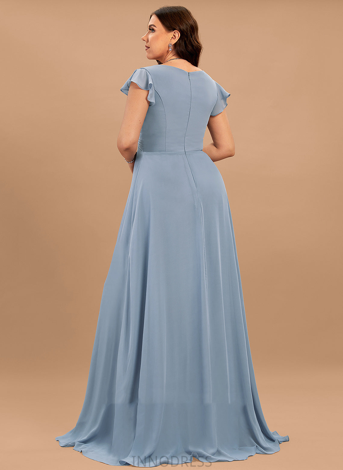 Floor-Length Silhouette Fabric Ruffle Neckline V-neck SplitFront A-Line Length Embellishment Maryjane Floor Length Bridesmaid Dresses