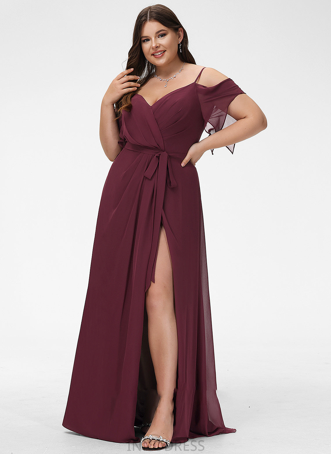 Ruffle Makena Prom Dresses With V-neck Floor-Length A-Line Front Split