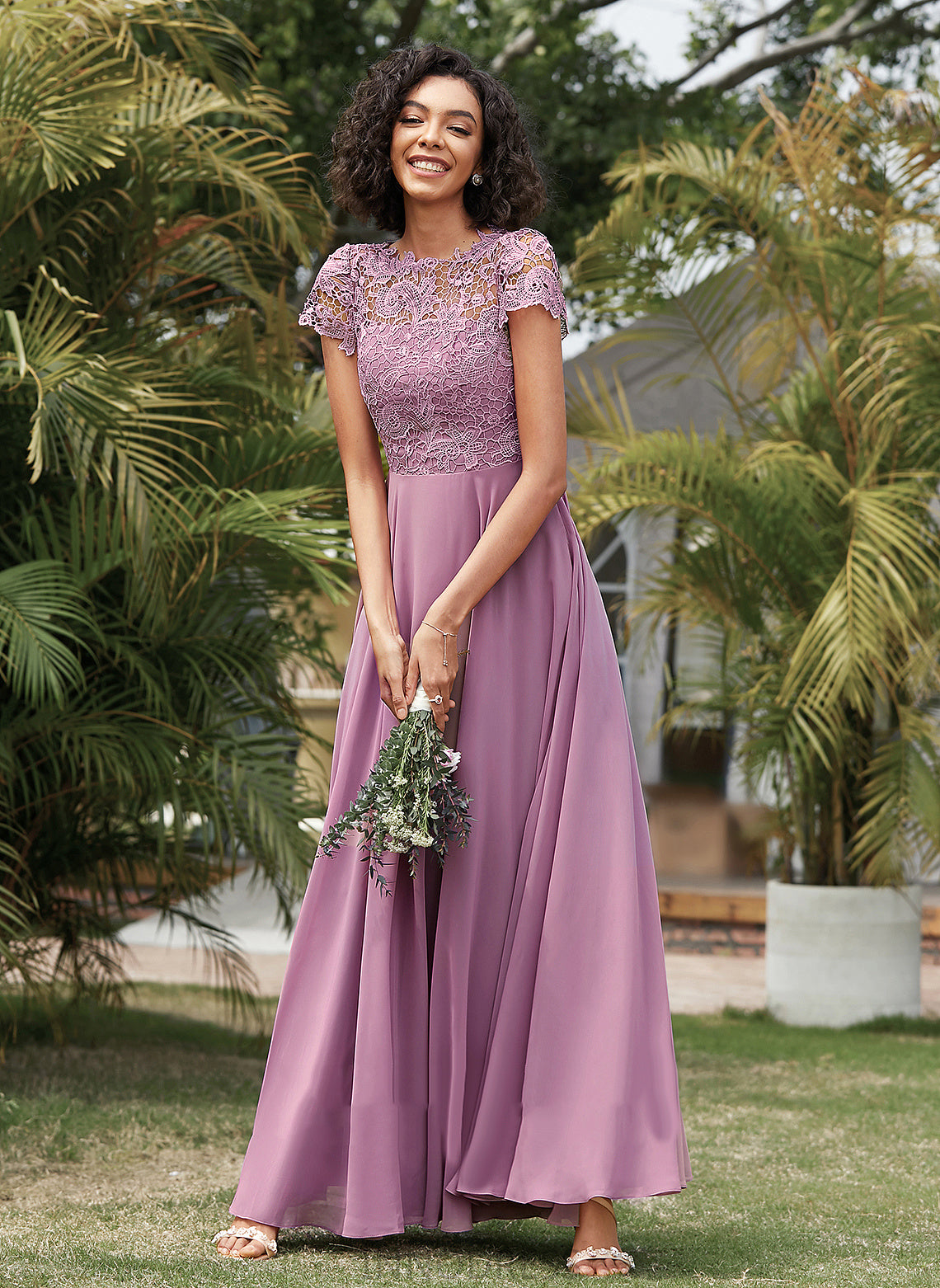 Floor-Length Scoop Fabric Silhouette Lace Straps&Sleeves Neckline A-Line Length Adeline Cap Sleeves Natural Waist Bridesmaid Dresses