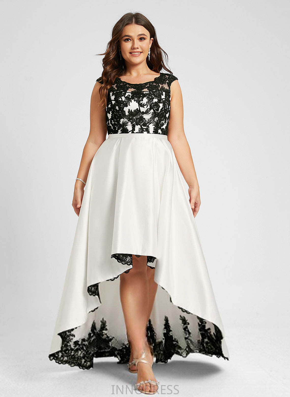 A-Line Prom Dresses Lace Scoop Rosalyn Illusion Asymmetrical Satin