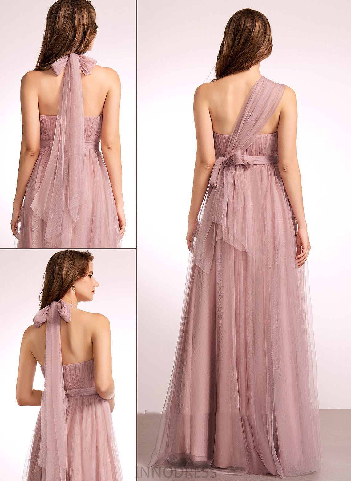 Fabric One-Shoulder Off-the-Shoulder Neckline A-Line Floor-Length Tulle Straps Silhouette V-neck Length Emmalee Bridesmaid Dresses