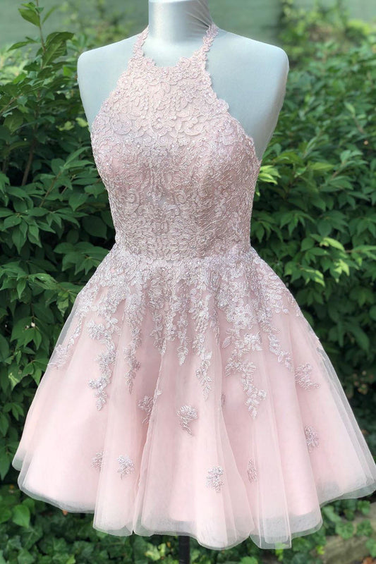 Beautiful Halter Backless Pink Lace Tulle A-line Short Homecoming Dresses