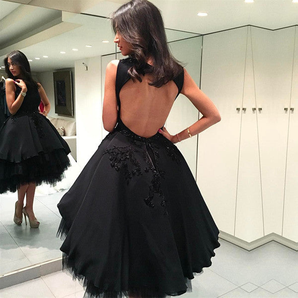 Black Keyhole Back Beading Mid Ball Gown Homecoming Dresses