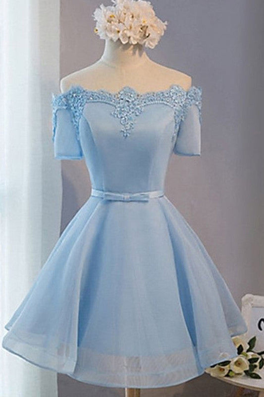 Light Blue A-line Sleeves Off-shoulder Short Tulle Homecoming Dresses