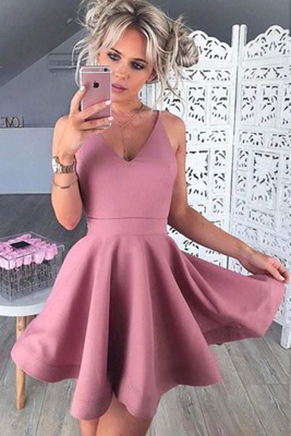 A-Line V-Neck Sleeveless Short Blush Satin Homecoming Dresses