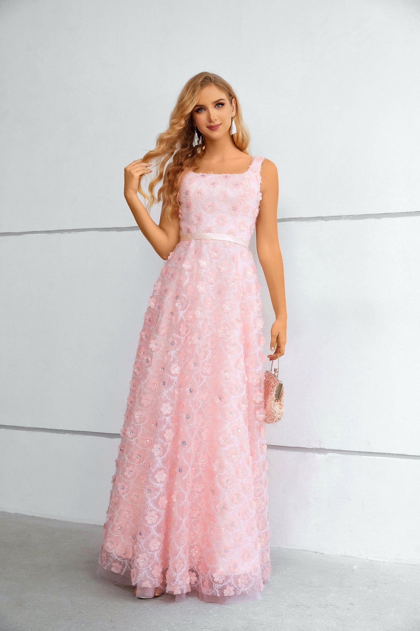 Cute Pink Lace A Line Floor Length Lace Up Prom Dresses